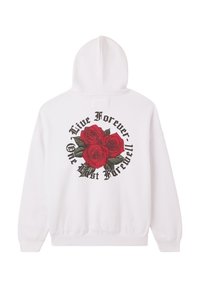 Felpa bianca con cappuccio caratterizzata da una grande grafica sulla parte posteriore con tre rose rosse e il testo "Vivi per Sempre - Un Ultimo Addio" in grassetto nero.