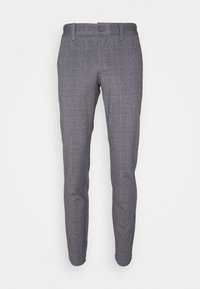 Grijs geblokte broek met een slim fit, voorzien van een knoopsluiting en subtiele textuur. Het patroon bestaat uit afwisselend lichte en donkere vierkanten.
