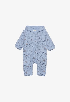 Combinaison à capuche bleu clair pour bébé avec fermeture éclair, décorée de motifs sur le thème de l'espace comprenant des planètes, des fusées, des étoiles, des lunes et des constellations.
