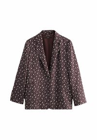 Burgundský blazer s bílými puntíky, s jedním knoflíkem, s klopovými límci, dvěma předními kapsami a hladkou texturou látky.