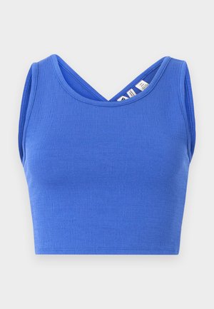 Top corto azul de tirantes, hecho de un material texturizado. Presenta un diseño de escote en V y un corte sin mangas con una silueta ajustada.