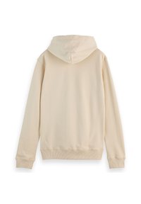 Felpa beige con cappuccio dal texture morbido. Presenta maniche lunghe, polsini a costine e una tasca a marsupio. Design semplice e pulito.