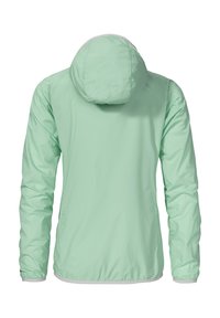 Hellgrüne, wasserabweisende Jacke mit Kapuze, langen Ärmeln, elastischen Bündchen und einem weißen Saum. Keine sichtbaren Muster oder Akzente.