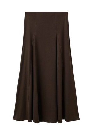 Falda marrón larga hasta el suelo, hecha de una tela suave y lisa. Cuenta con pliegues sutiles, un diseño simple y una cinturilla elástica para mayor comodidad.