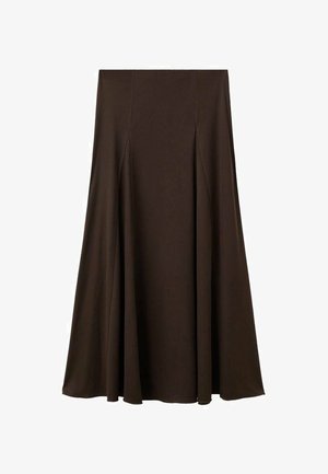 Falda marrón larga hasta el suelo, hecha de una tela suave y lisa. Cuenta con pliegues sutiles, un diseño simple y una cinturilla elástica para mayor comodidad.