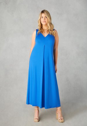 Robe maxi sans manches bleue avec un décolleté en V, dotée d'un pli devant. Fabriquée dans un tissu lisse, elle tombe gracieusement jusqu'aux chevilles.