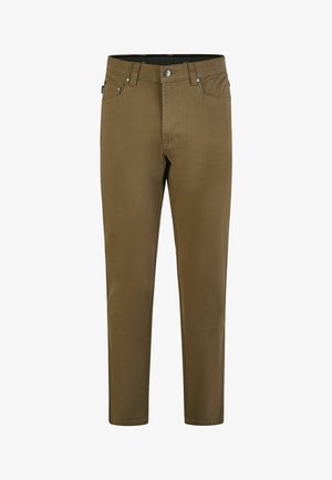 Braune Hose mit geraden Beinen, Frontknopf und Reißverschluss, Gürtelschlaufen sowie vorne und hinten Taschen, dargestellt vor weißem Hintergrund.