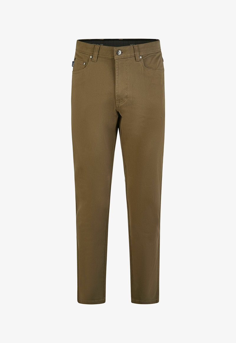 Straight-leg brown trousers with front button and zipper, belt loops, and front and back pockets, displayed against a white background.