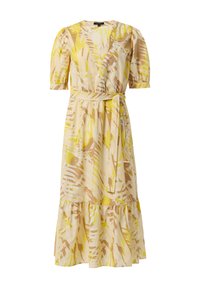 Wickelkleid aus leichtem Stoff mit einem abstrakten Blättermuster in Gelb, Beige und Weiß. Es hat kurze Puffärmel und einen gestuften Saum.