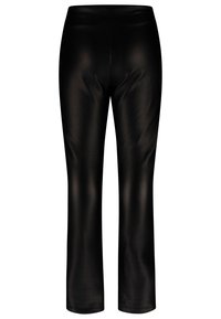 Schwarze, enganliegende Hosen aus einem glatten, glänzenden Material mit einem schlichten Design und ohne sichtbare Nähte oder Verzierungen.
