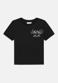 Black cotton t-shirt with short sleeves and a round neckline. Features white embroidered text "Les Deux" and "NY, NY" on the left chest.