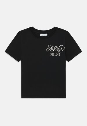 Black cotton t-shirt with short sleeves and a round neckline. Features white embroidered text "Les Deux" and "NY, NY" on the left chest.