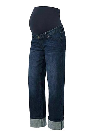 Mørkeblå graviditetsjeans med en elastisk sort mavepanel og opbukket kant, designet til komfort og støtte under graviditet.