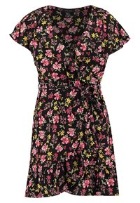 Vestido envolvente floral con mangas cortas, base negra, con flores rosas y amarillas. Se ata en la cintura y tiene un dobladillo acampanado. Ajuste regulable.
