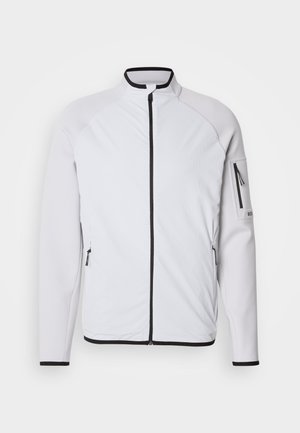 White athletic jacket with a zip closure, black accents on collar and cuffs, side pockets with zippers, and a textured fabric.