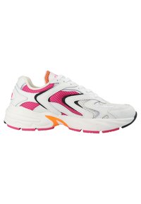 White athletic sneaker with pink and black mesh accents, textured pattern, orange detailing on the sole, and a thick white midsole.