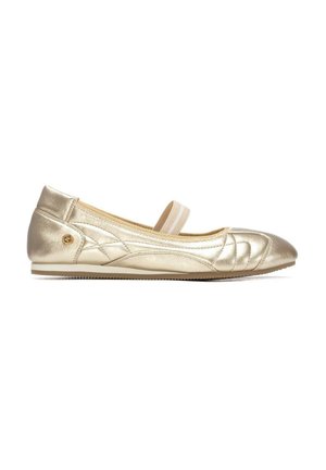 Bailarina plana dorada con diseño acolchado, tira elástica en la parte superior y suela de goma plana.