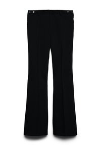 Pantaloni neri a gamba larga realizzati in un tessuto morbido, con due tasche frontali e accenti in metallo argentato sui passanti della cintura.
