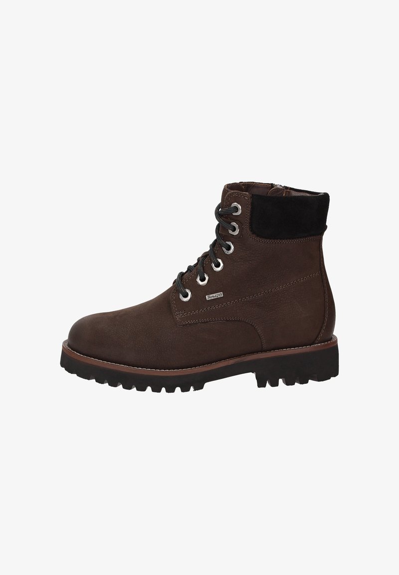 Bottines en cuir marron avec des accents en daim noir, bout rond, œillets en métal et lacets. Semelle en caoutchouc crantée pour l'adhérence.