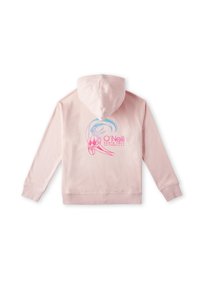 Roze hoodie met een trekkoordkap, lange mouwen en een kangoeroezak. Heeft een kleurrafie met "O'Neill" en een vloeiende ontwerp op de achterkant.