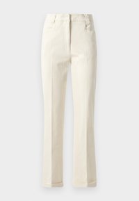 Beige straight-leg pants made from cotton blend fabric, featuring a mid-rise waist, front pockets, and subtle texture on the surface.