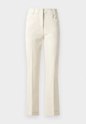 Šviesiai rudos tiesios trikotažo kelnės, pagamintos iš medvilnės mišinio, su vidutinio aukščio liemeniu, priekinėmis kišenėmis ir subtiliu tekstūros akcentu paviršiuje.