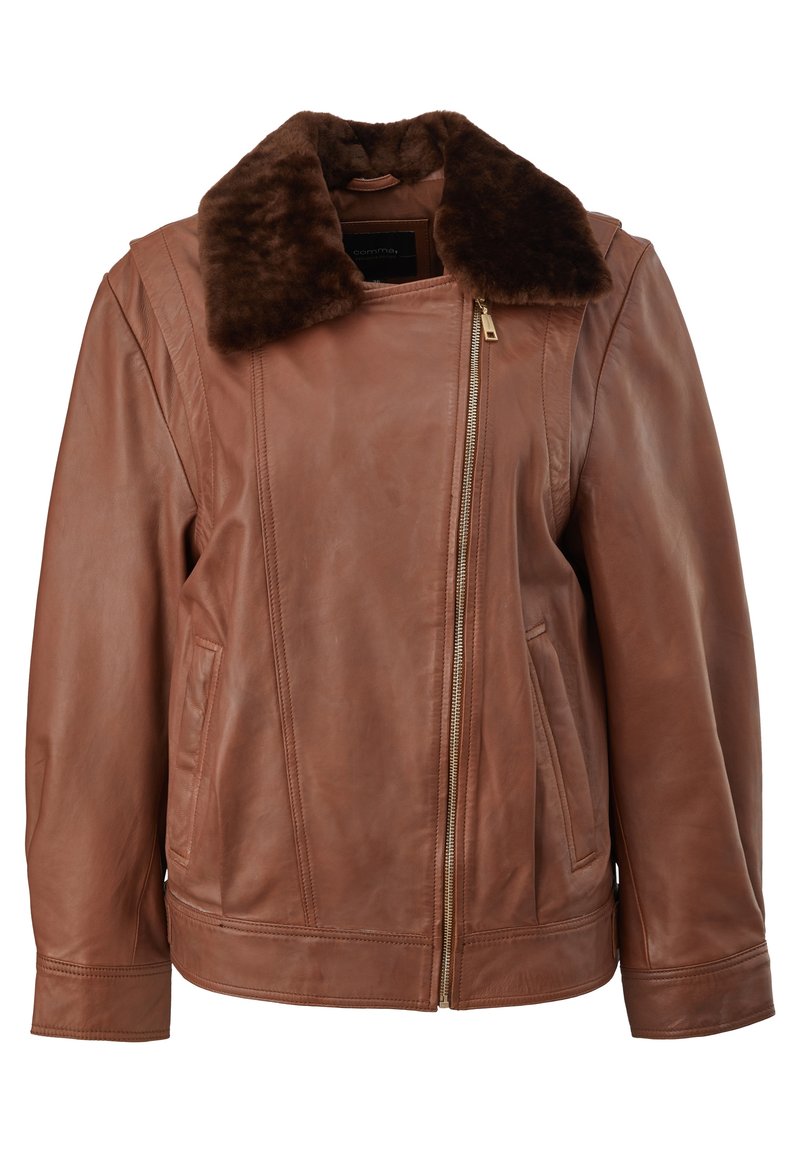 Braune Lederjacke mit Kunstfellkragen, Reißverschluss vorne, zwei Seitentaschen und strukturiertem Finish mit Nahtdetails.