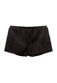 Shorts noirs tissés avec une ceinture élastique, un cordon de serrage et deux poches avant. Dotés d'un tissu texturé et d'une coupe décontractée.