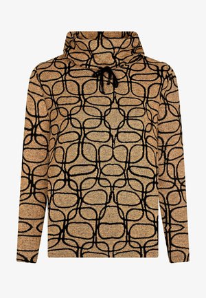 Hoodie mit einem beigen und schwarzen Musterdesign, ausgestattet mit einer weichen Textur und einem Kordelzug am Hals. Lange Ärmel und lockere Passform.