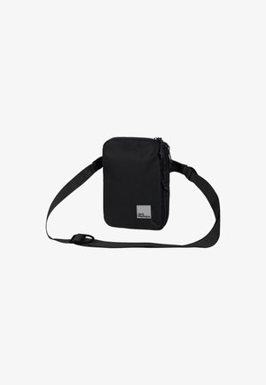 Schwarze Stoff-Crossbody-Tasche mit Reißverschluss, rechteckiger Form und verstellbarem Trageriemen. Verfügt über ein kleines Logopatch auf der Vorderseite.
