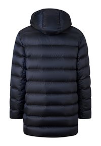 Padded black hooded winter jacket with horizontal quilting, long sleeves, and a fitted silhouette shown from the back.