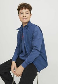 Blå zip-up väst över en blå långärmad tröja, med hög krage och utan ärmar, i kombination med svarta byxor. Slät textur, avslappnad design.