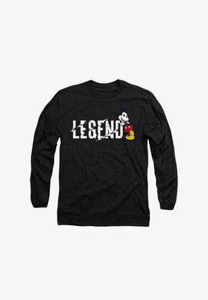 Schwarzes Langarmshirt mit dem Aufdruck "LEGEND" in verwittertem weißen Text. Ein Grafik von Mickey Mouse befindet sich auf der linken Seite.
