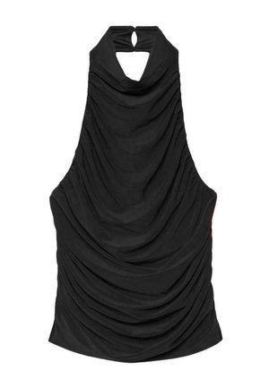 Čierny dámsky top bez rukávov s halter výstrihom, zdobený zloženou látkou a malým kľúčovým otvorom na výstrihu.