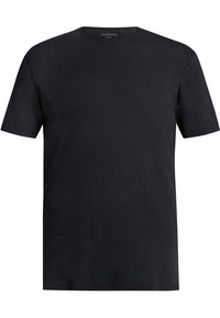 Černé tričko s krátkým rukávem vyrobené z měkké bavlněné tkaniny, s kulatým výstřihem a pohodlným střihem. Bez výrazných vzorů nebo akcentů.
