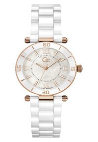 Reloj de cerámica blanca con un bisel redondo de oro rosa, esfera blanca y números romanos en oro rosa. Cuenta con una pulsera de eslabones blanca texturizada.