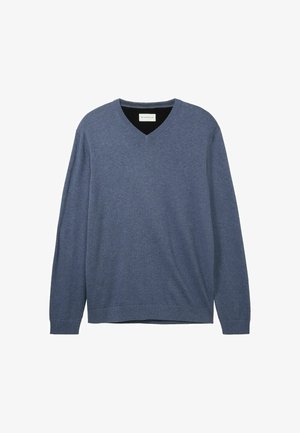 Blauer V-Ausschnitt-Pullover aus weichem, strukturiertem Stoff. Lange Ärmel, gerippte Bündchen und Saum. Subtle Logo auf der Brust. Klassisches Design.