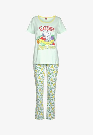 Light green pajama set featuring a short-sleeve top with a Snoopy graphic and yellow accents, paired with white pants adorned with lemon and leaf patterns.