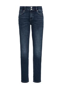 Jean en denim bleu foncé avec une coupe droite, un design à cinq poches et une fermeture à double bouton. Texture lisse et minimalement délavé.