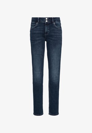 Dunkelblaue Jeans aus Denim mit geradem Schnitt, Fünf-Taschen-Design und Doppelknopfverschluss. Glatte Textur und minimale Auswaschung.