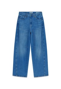 Jasnoniebieskie jeansy z denimu o szerokich nogawkach, z przednimi kieszeniami, zapięciem na guziki oraz wyblakłą fakturą z subtelnymi detalami przeszyć.