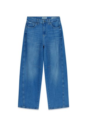 Jasnoniebieskie jeansy z denimu o szerokich nogawkach, z przednimi kieszeniami, zapięciem na guziki oraz wyblakłą fakturą z subtelnymi detalami przeszyć.