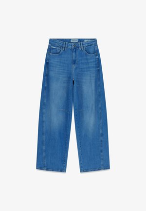 Hellblaue Jeans aus Denim mit weitem Bein, ausgestattet mit Vordertaschen, Knopfleiste und einem ausgewaschenen Look mit dezenten Ziernähten.