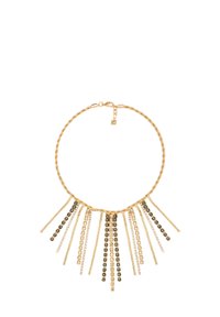 Guldtonet halskæde med en tvistet kæde, med forlængede tråde udsmykket med sorte og klare perler i et gradueret design.