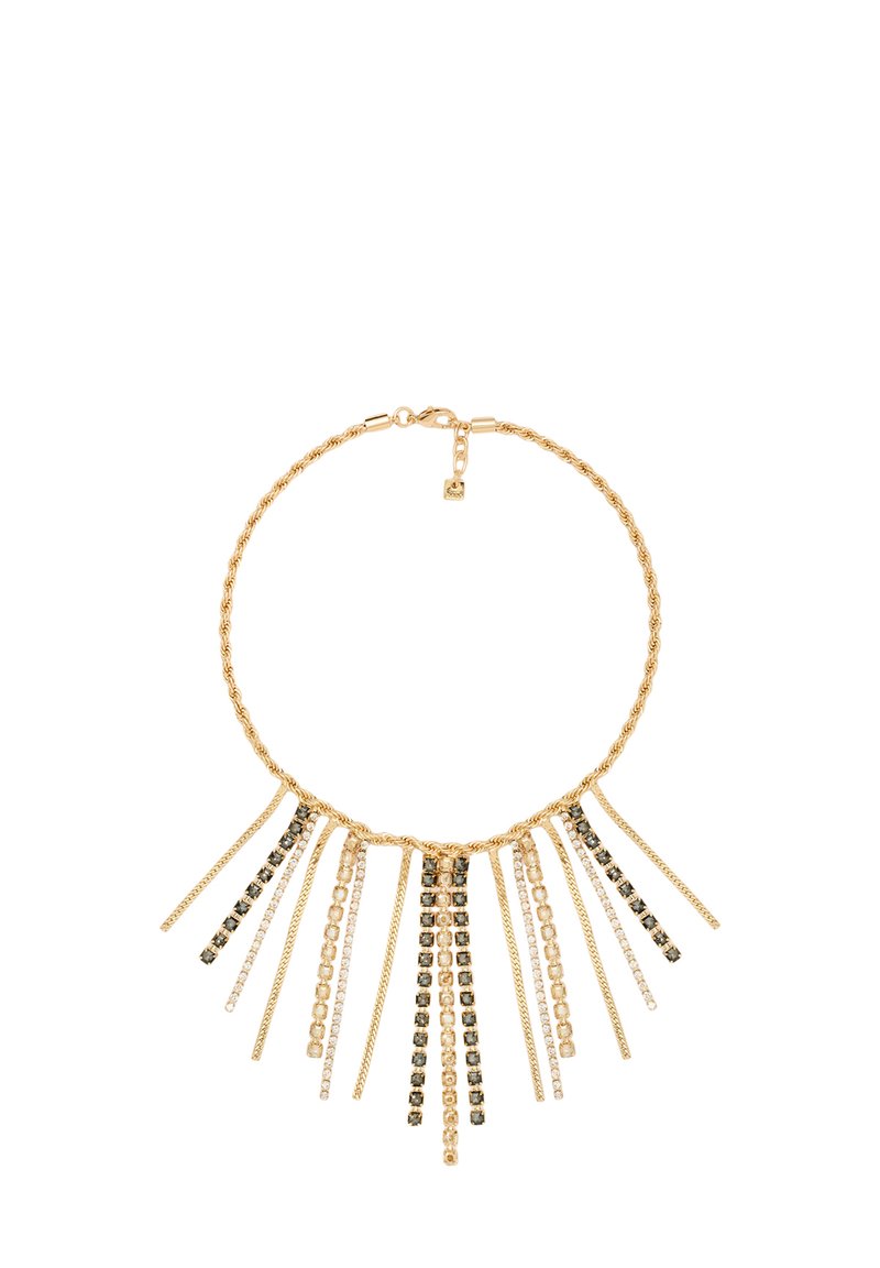 Guldtonet halskæde med en tvistet kæde, med forlængede tråde udsmykket med sorte og klare perler i et gradueret design.