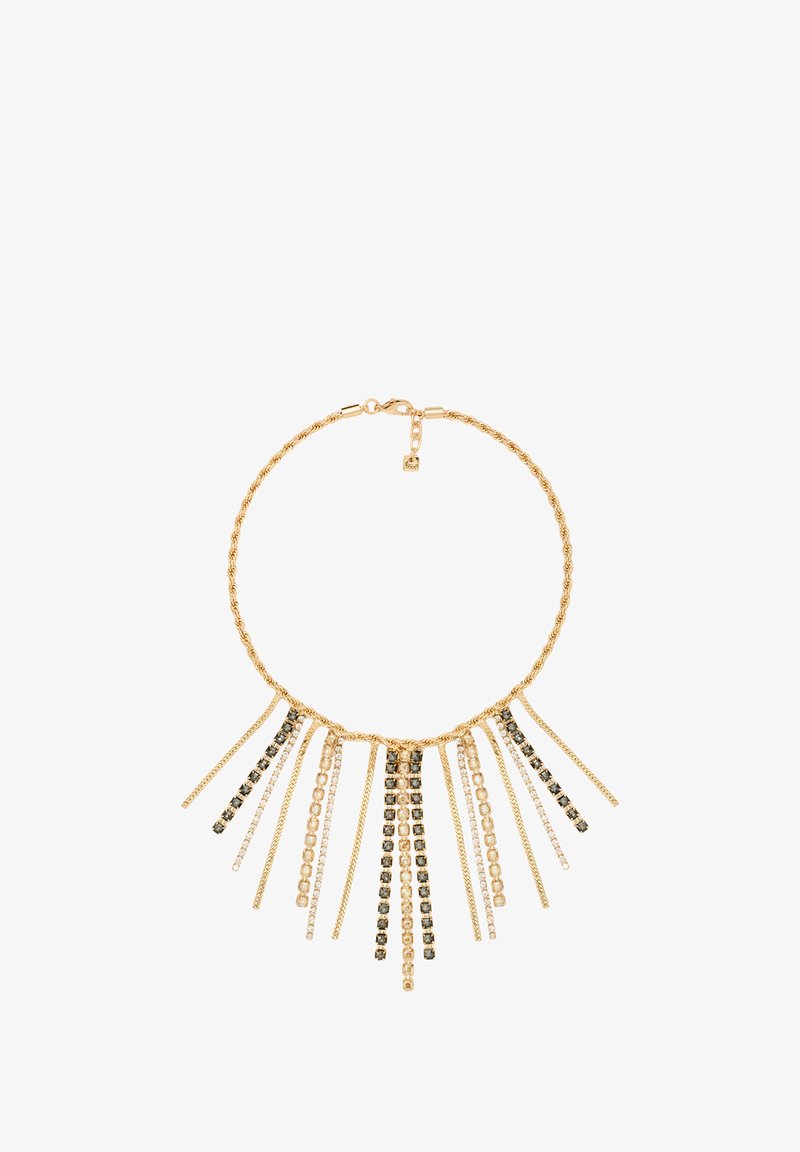 Collar de tono dorado con cadena retorcida, con hebras alargadas adornadas con cuentas negras y claras en un diseño graduado.