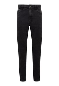 Schwarze Slim-Fit-Denim-Jeans mit vorderem Knopf und Reißverschluss, ausgestattet mit Vorder- und Rückentaschen, vor weißem Hintergrund präsentiert.