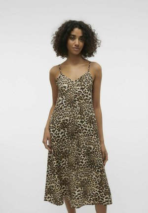 Vestido midi de estampado de leopardo con tirantes finos, escote en V y silueta fluida. Hecho de una tela ligera con una textura suave.