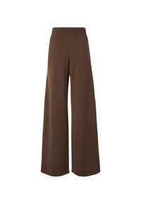 Pantalon marron à jambes larges avec une ceinture élastique, sans poches visibles ni détails supplémentaires.