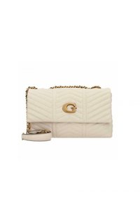 Prošívaná krémová kabelka se zlatým logem na klopě, s řetízkovým popruhem a odnímatelným ramenním popruhem. Má obdélníkový tvar. Texturovaná kůže.